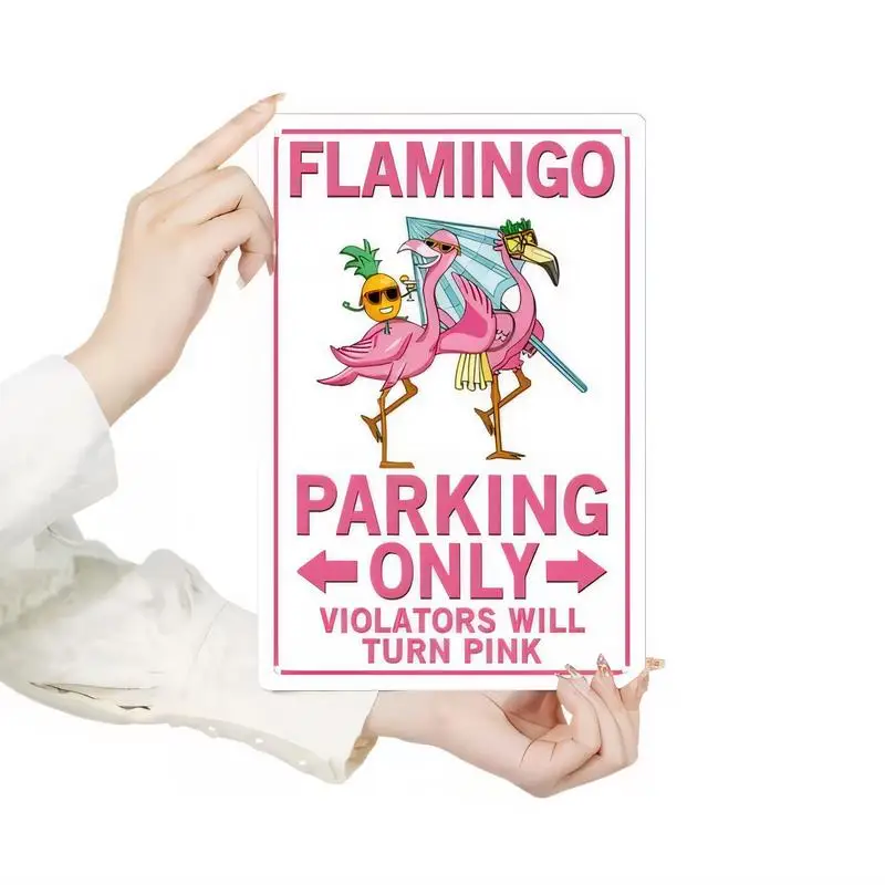 Humorous Pink Flamingo & Pineapple Cartoon Metal Tin Sign - Flamingo Parking Only Design, Iron Wall Art for Room/Garden/Pool Dec