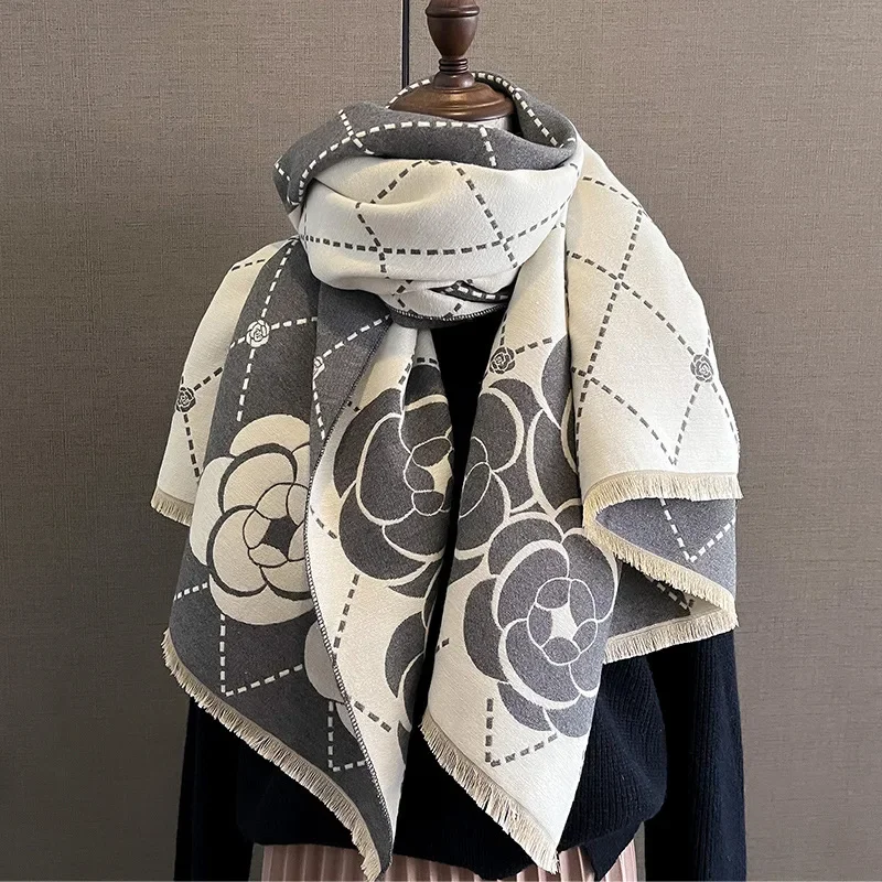 Winter Warm Shawl Elegant Floral Cashmere Scarf Women Thick Blanket Wrap Pashmina Bufanda Tassel Female Long Foulard 2023