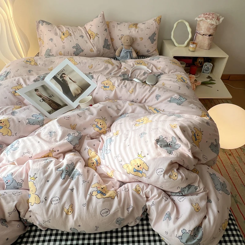 

Korean Style Cute Bedding Set For Girls Bed Linen New Skin Friendly Fresh Flora Printed Washed Cotton Duvet Cover Set