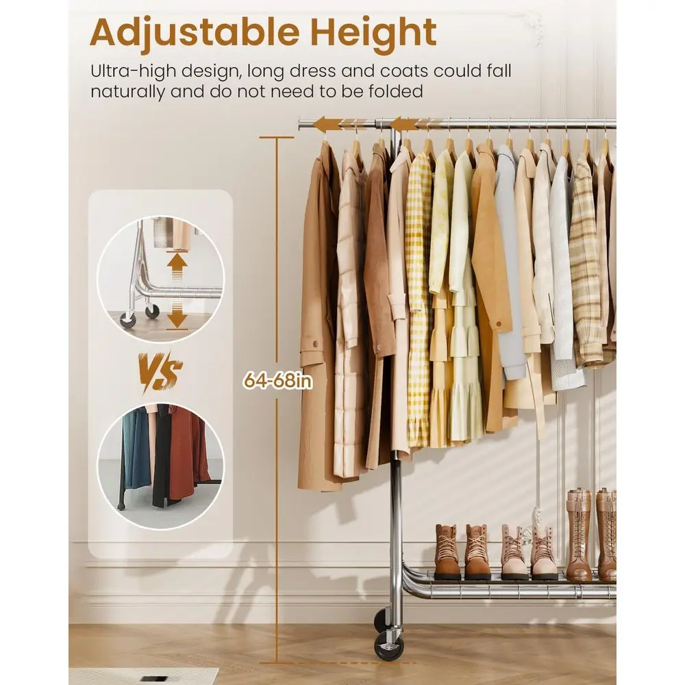 Sturdy Metal Hanging Clothes Rack, 450 lbs Capacity, Rolling with Lockable Wheels, Silver