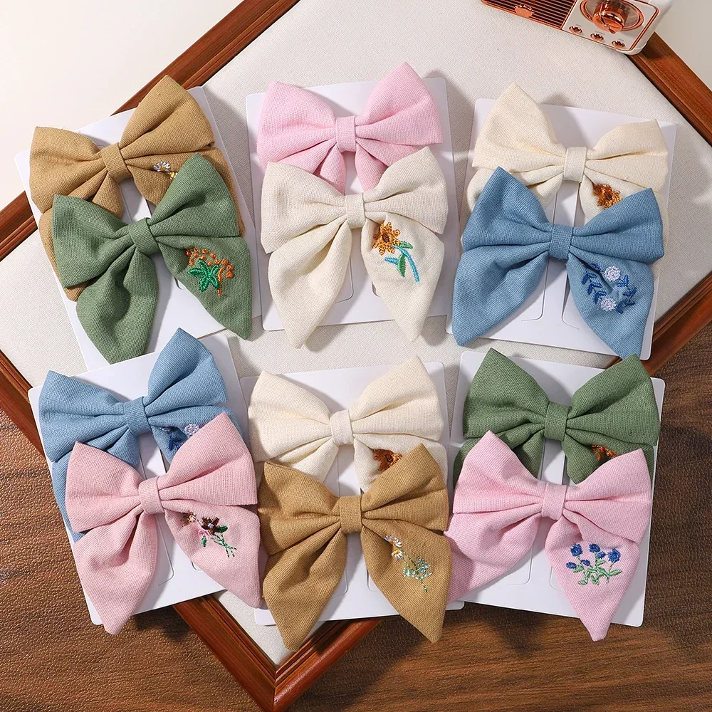 2Pcs/Set Embroidery Bows Hair Clips Solid Hairpins for Girls Handmade Ribbon Barrettes Child Butterfly Hair Pin Korean Headwear