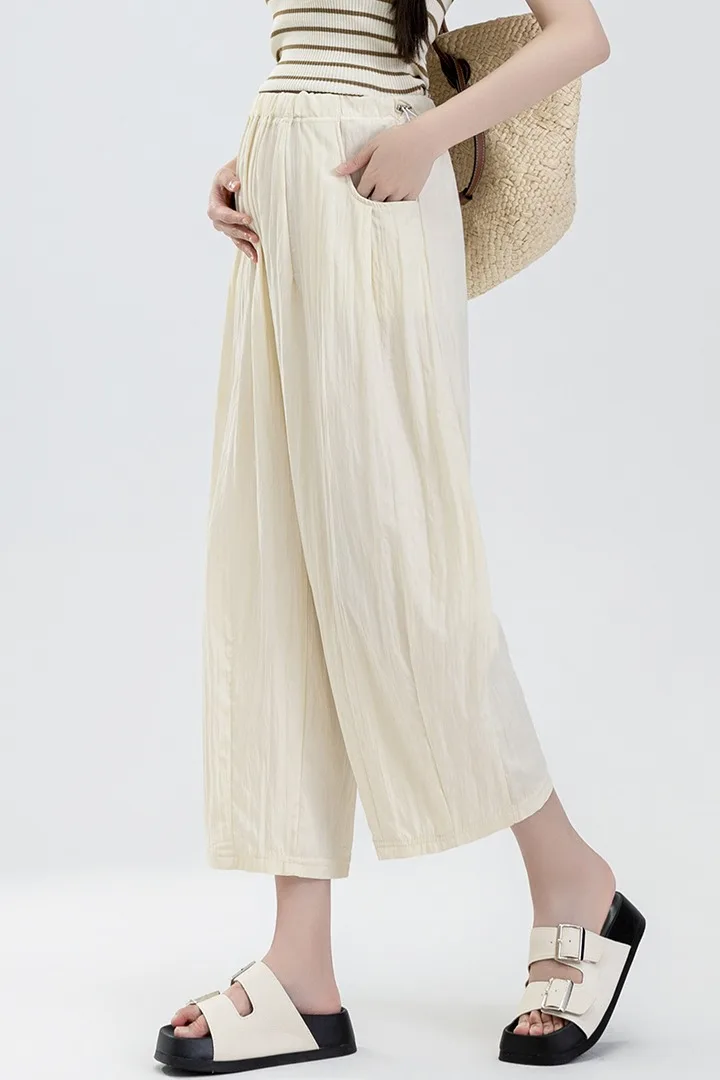 Korean Style Maternity Cotton Linen Pants Wide Legs Drawstring Waist Wide Legs Pregnant Woman Straight Pants Casual Trousers