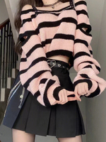 Sweet Off Shoulder Top Striped Knit Set Women's Spring Autumn Spicy Girls High Waist Pleated A-Line MiNi Skirt Two Piece Set Y2K