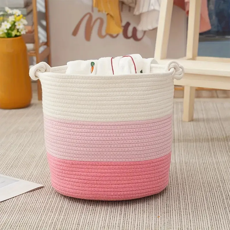 Creative Toy Storage Basket,Multi-colored Children's Pink White Girl Cotton Rope Laundry Organizer for Living Room M 30x30cm