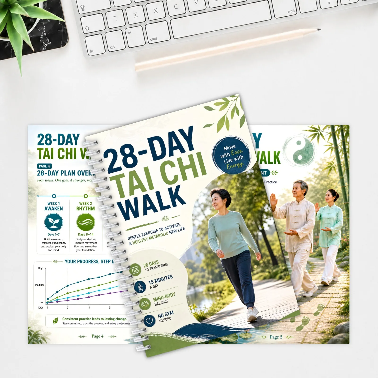 28 Pages Tai Chi Walking Guide Book 15 Minutes Daily No Equipment Training Handbook for Body Mind Balance & Gentle Fitness