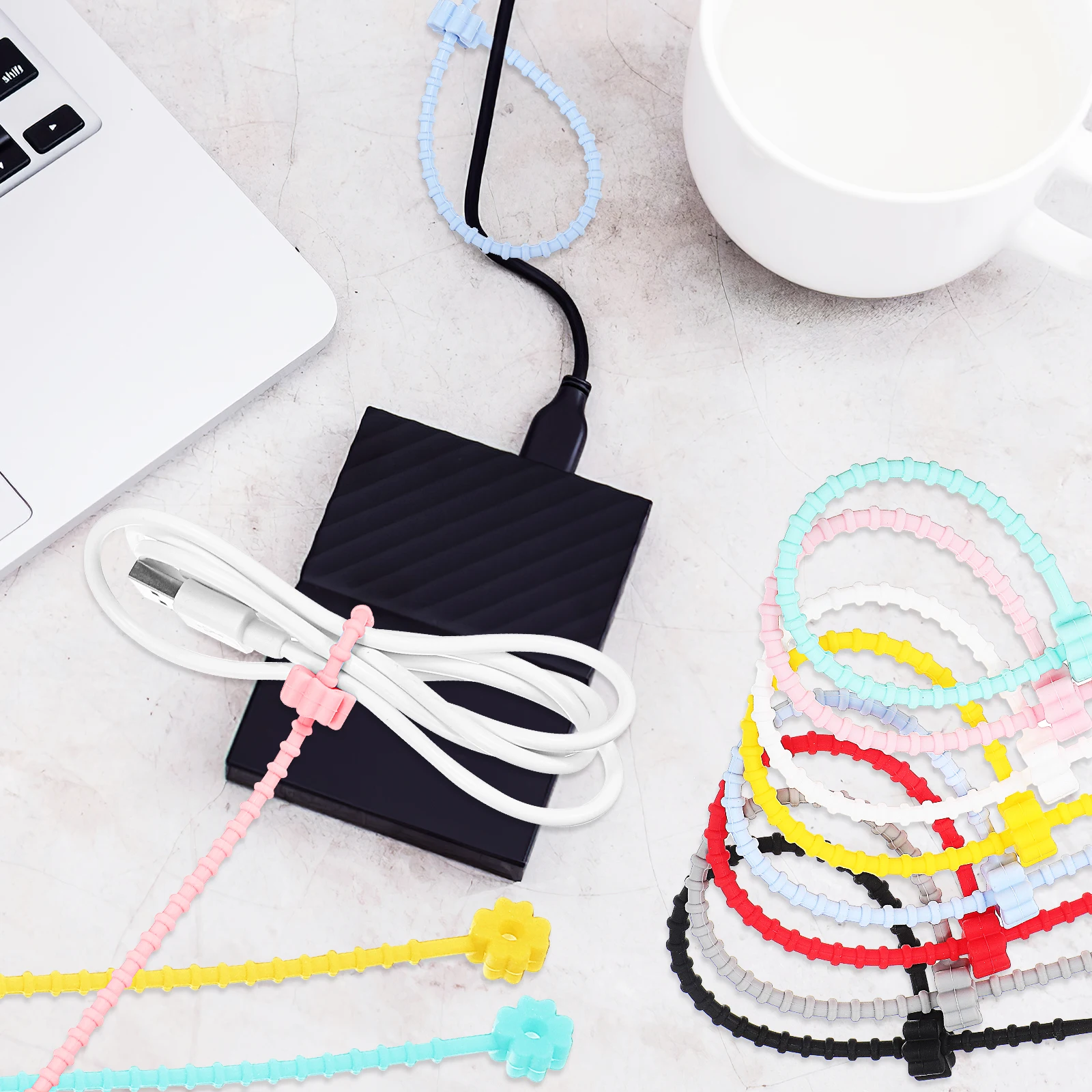 

24pcs Silicone Cable Ties Reusable Cord Organizer Ties For Wire Earphone Cords Bundle Flexible Colorful Flower