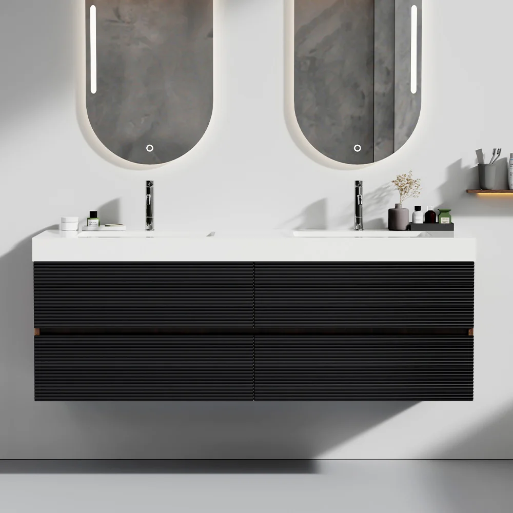 SH.KL Tocador de baño de 60" con lavabo blanco, mueble de baño montado en la pared, preensamblado, muebles de baño, tocadores