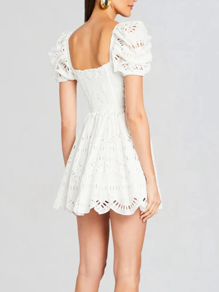 VGH Elegant Hollow Out Slim Short Dresses For Women Square Collar Puff Sleeve High Waist Spliced Button Temperament Dress Female