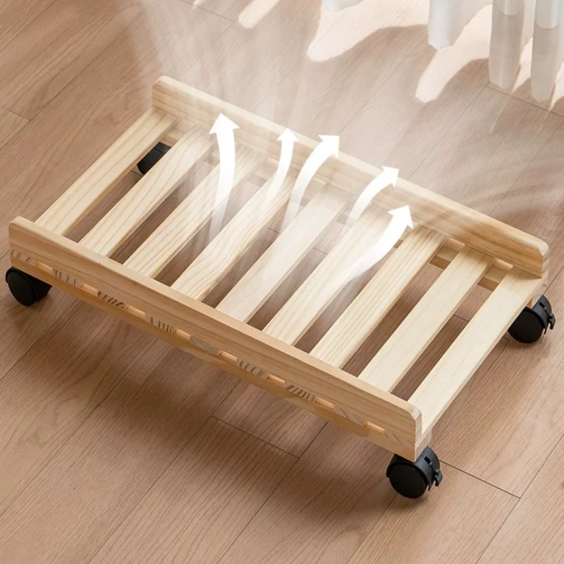 Mobile Wooden PC Tower Stand, Locking Caster Computer Holder, Under Desk Base with Raised Side Guard, Office Home Organizer