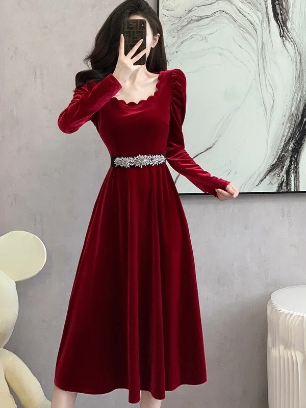 

Elegant Velvet Evening Dress Square Collar Ball Gown High Waist Long Sleeve Autumn Luxury Women's Fashion Party Dress