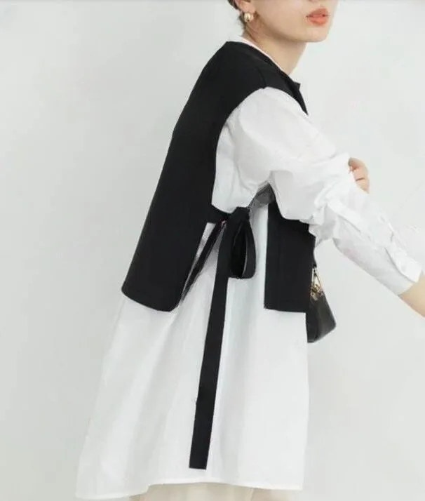 Japan Style 2024 Spring New Black and White Paired Two Piece Set Shirt +Knitted Blouse Suits Fashion Casual Beautiful Women Tops