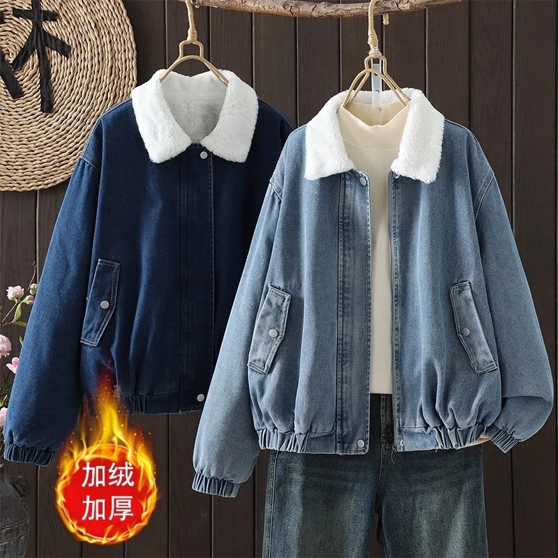

Зимняя джинсовая флисовая куртка, женская оверсайз, новинка 2025, повседневное свободное толстое ковбойское пальто, бархатное теплое модное верхняя одежда, топ w1310