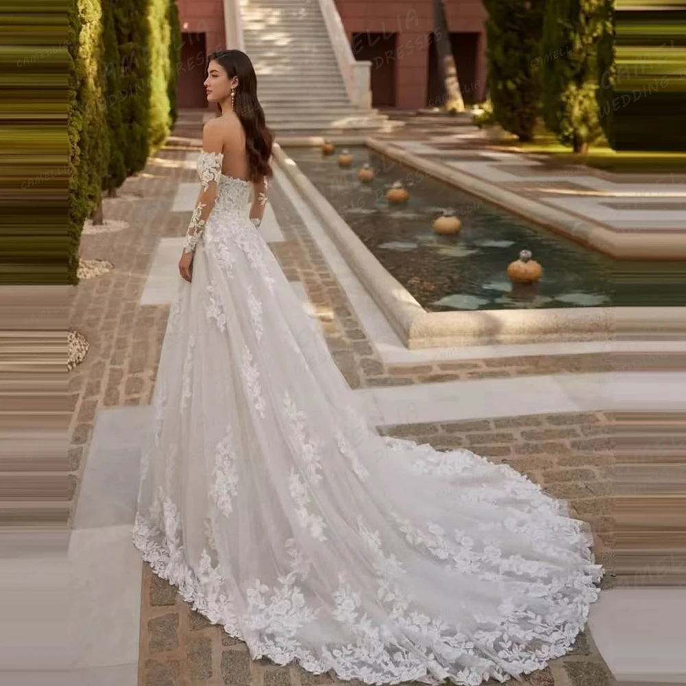 Apliques de luxo Vestidos De Casamento Uma Linha Vestidos De Noiva Das Mulheres Manga Longa Fora Do Ombro Elegante Princesa Tulle Vestidos Personalizado