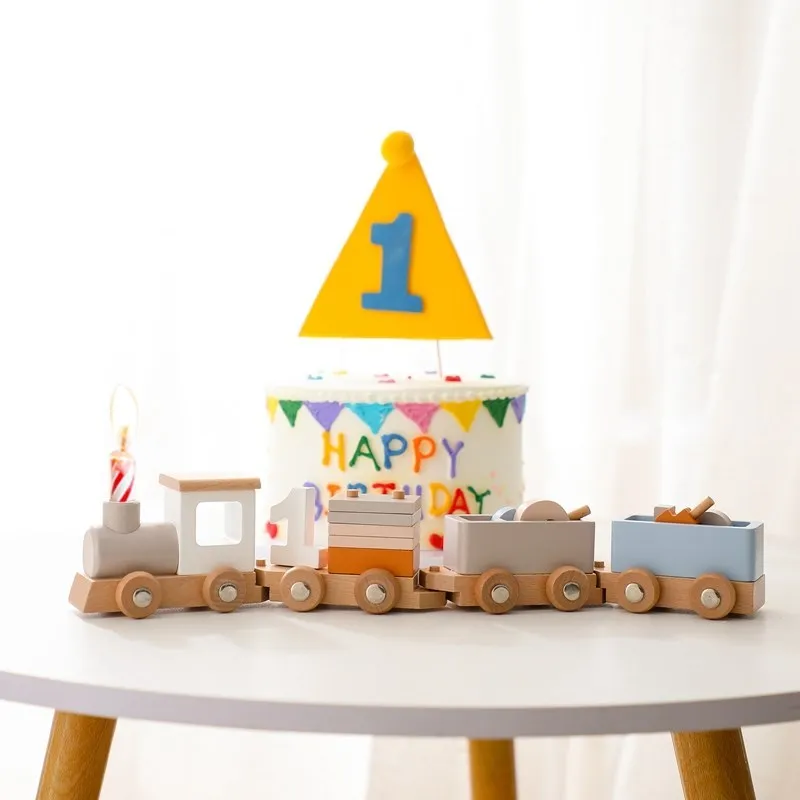 Baby Houten Trein Verjaardag Montessori Speelgoed Baby Educatief Speelgoed Houten Trolley Spel Jongens En Meisjes 1 2 3 4 5 Baby Leren Speelgoed