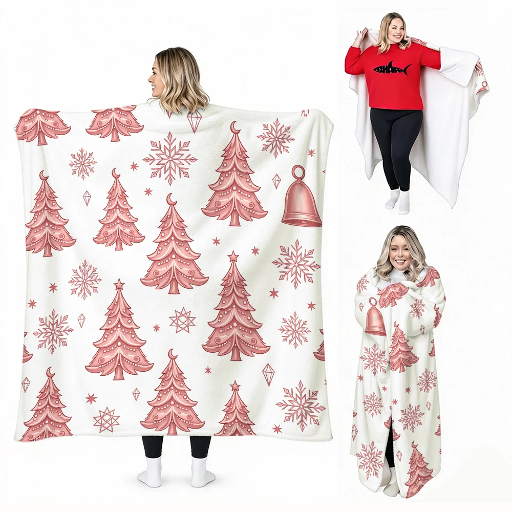 1PC Pink Christmas Tree Print Wearable Blanket-Soft and comfortable for holiday comfort. Perfect for lounging at home, winter ce