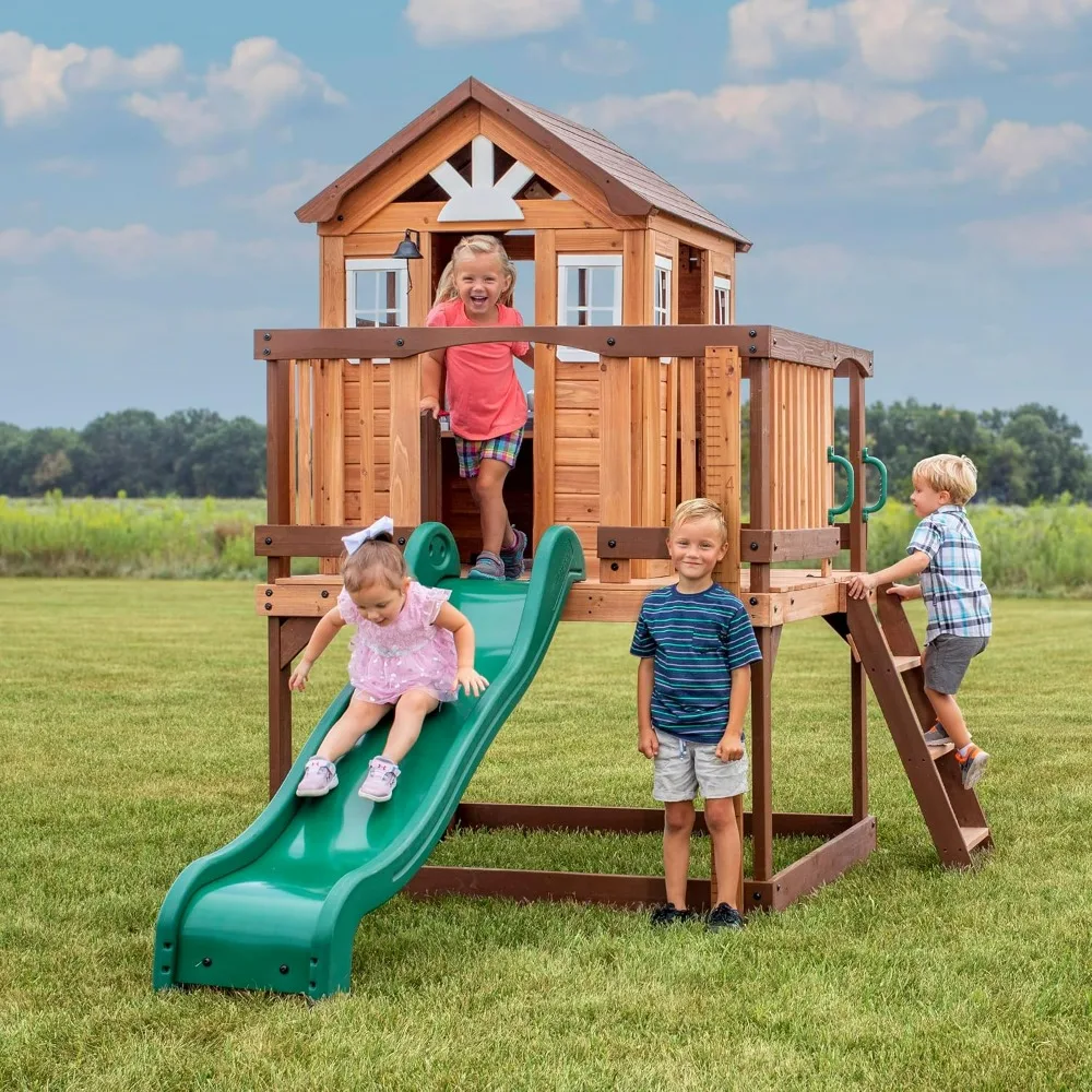 

Kids Playhouse with Wave Slide, Play Kitchen, Wrap-Around Deck, Flat-Step Ladder, Half Door, Windows, Bell, and Growth Chart