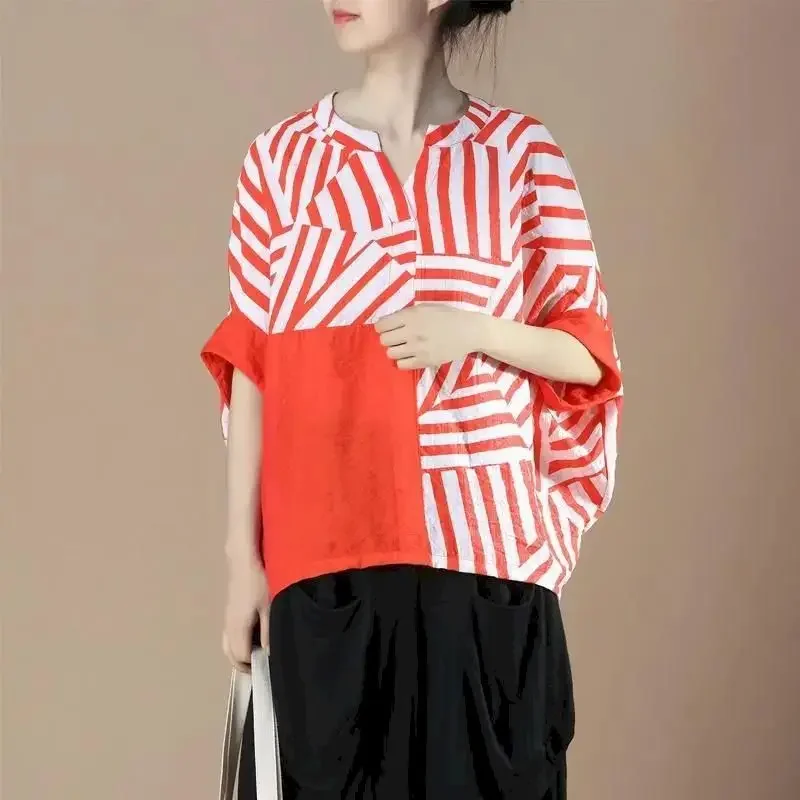 Irregular Black White Striped T-shirt for Women Short Sleeve V-neck Tops Bat Sleeve Loose Cotton Linen T Shirt Aesthetic Clothes