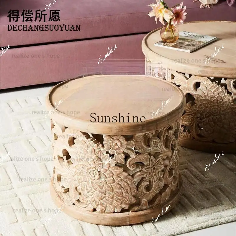 American retro solid wood hand-carved hollow round old decoration living room side coffee table  FT