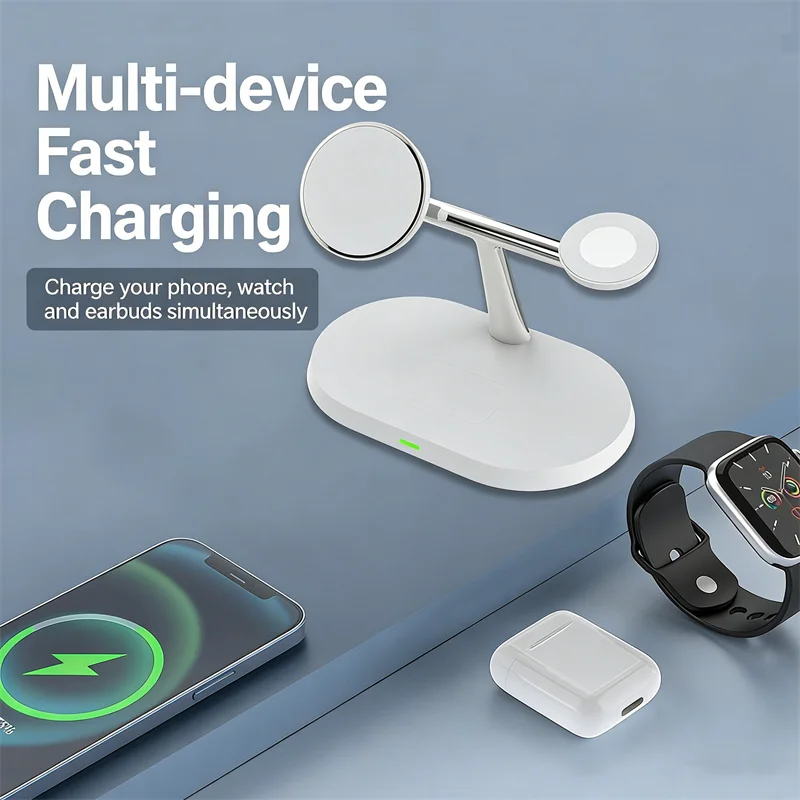 

Магнитная беспроводная зарядная станция 3-в-1 для Magsafe iPhone 16/15/14/13/12, Apple Watch 8/7 и Airpods Pro: быстрая зарядка