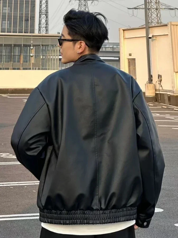 Wysokiej jakości kurtka motocyklowa męska z PU skóry, półkaptur, stylowa kurtka na jesień dla par, uniwersalna kurtka streetwearowa. ​