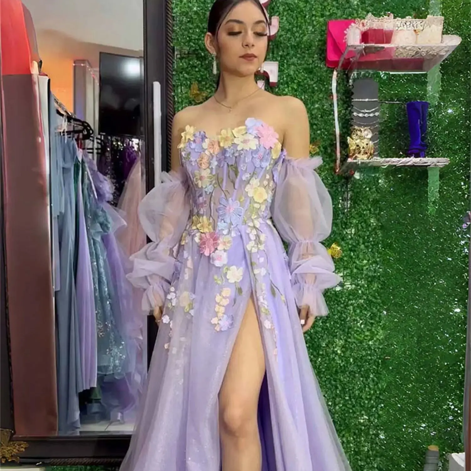 

Aileen Party Dresses Woman Customized Prom Dresses Elegant Luxury 3D Flowers Purple Sweetheart Puff Sleeves Evening Dress Woman