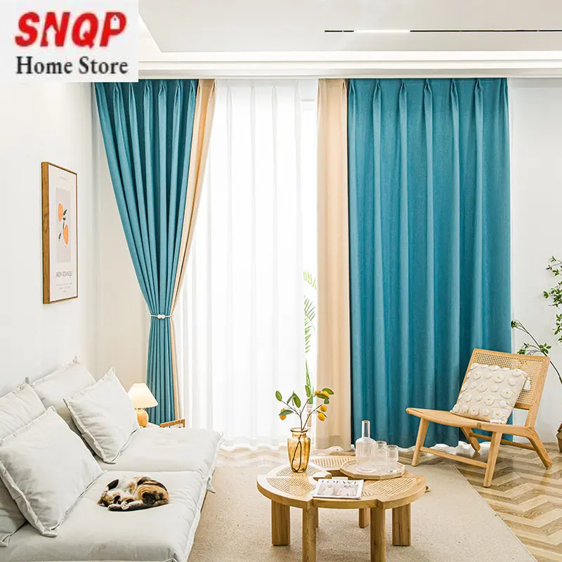 

Simple Light Luxury Curtains for Living Room Dining Room Bedroom High Blackout Custom Blue Splicing Curtains window kitchen