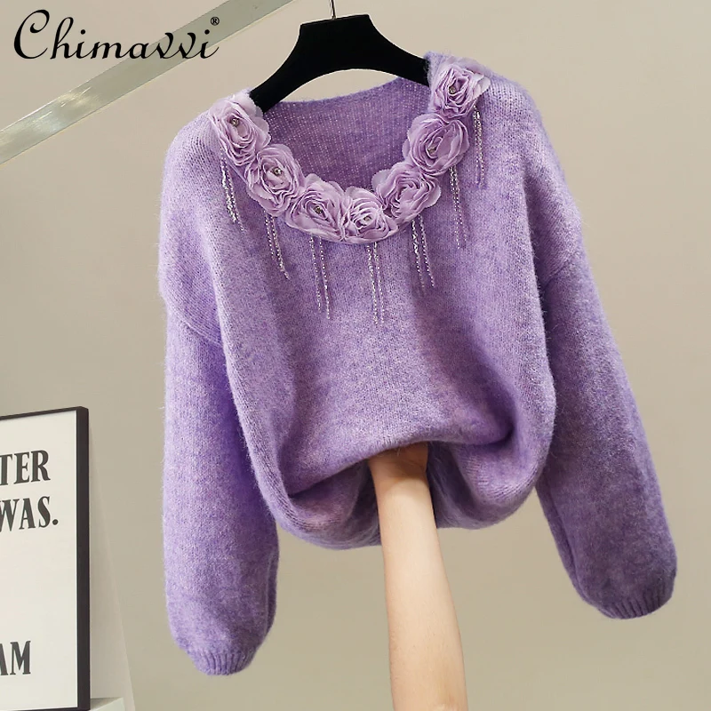 

Korean Fashion Winter New Heavy Three-Dimensional Flower V-Neck Sweater Long Sleeve Elegant Loose Pullover Knitted Top Women