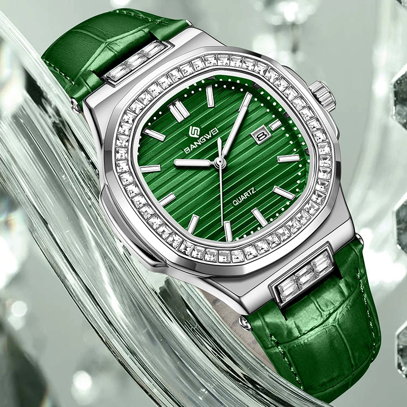 BANGWEI LIGE élégant femmes Bracelet montre Simple vert cuir étanche Quartz carré chronographe montres pour les femmes