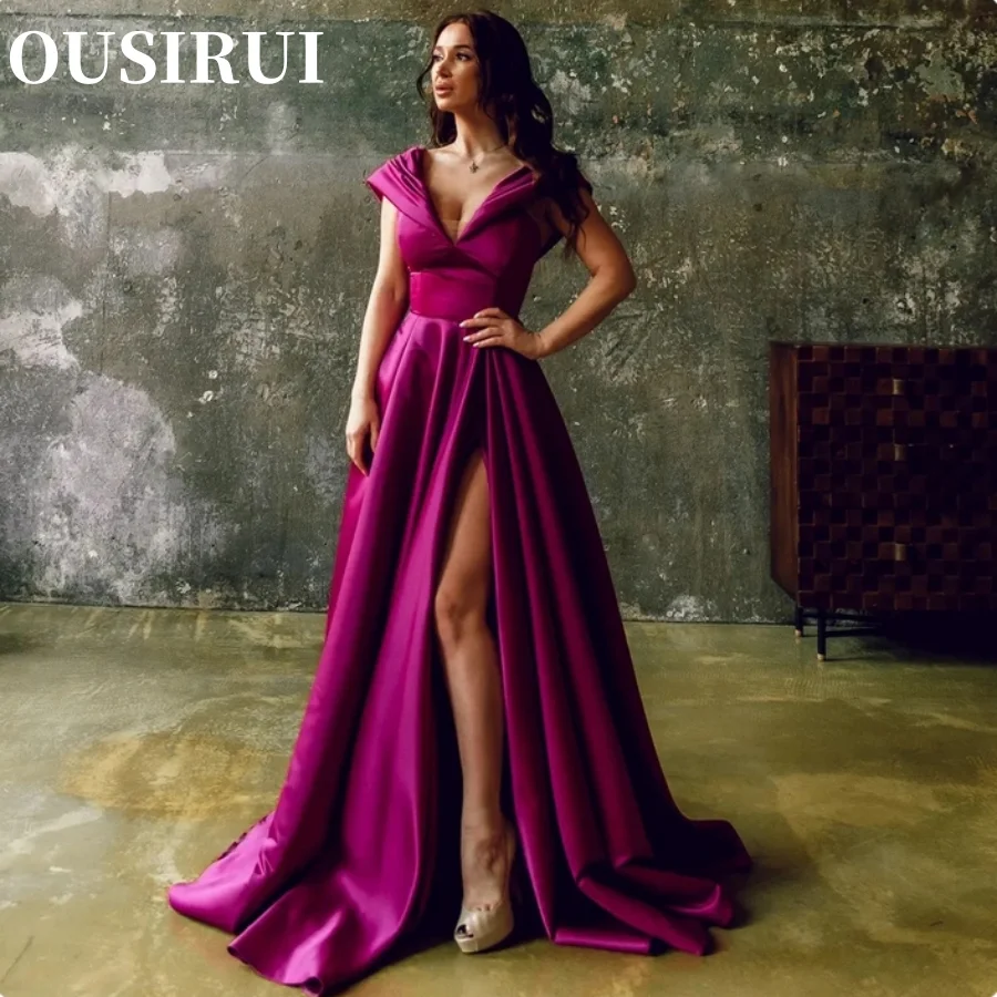 

OUSIRUI A Line Wedding Dresses Side Slit Custom Made Elegant Dark Purle Deep V-neck Satin Vestido De Noival