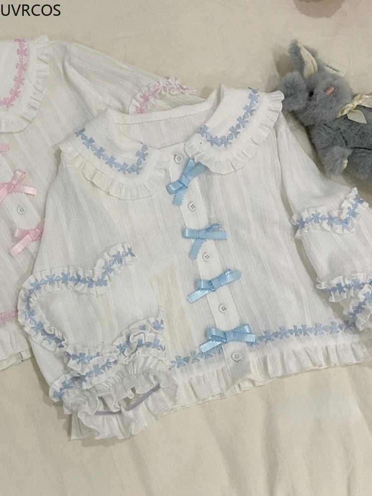 Traje de falda a cuadros Lolita para mujer, Camisa de algodón con lazo Kawaii, Tops cortos, minifaldas, conjuntos de dos piezas para niña, trajes Lolita dulces de otoño