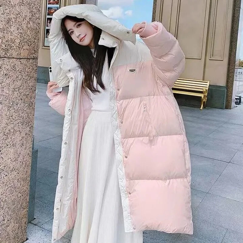 90 pato branco para baixo quente longo para baixo jaqueta feminina inverno longo com capuz para mulheres emenda listrado puffer casacos parka