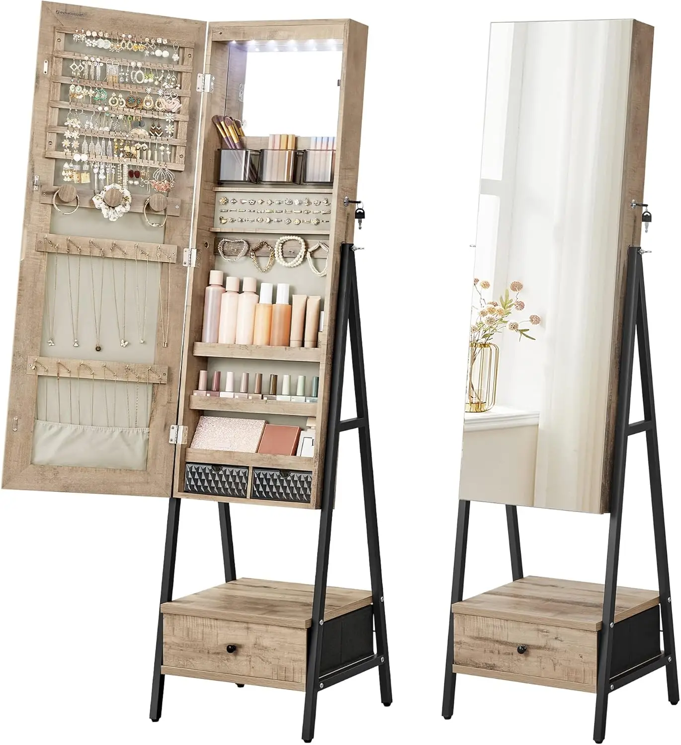 

Светодиодный зеркальный шкаф для ювелирных изделий с зеркалом в полный рост, запираемым шкафом, ящиками и полками из тостного дуба