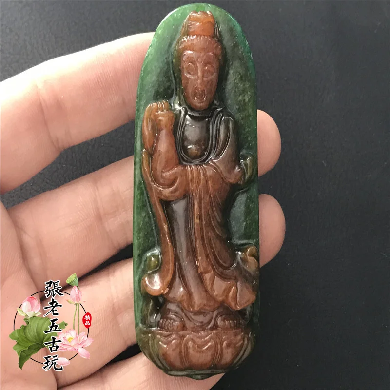 

Jadeite full of green, green play, dry green, double-sided carving, stone objects pendant, ornaments, pendants, Guanyin