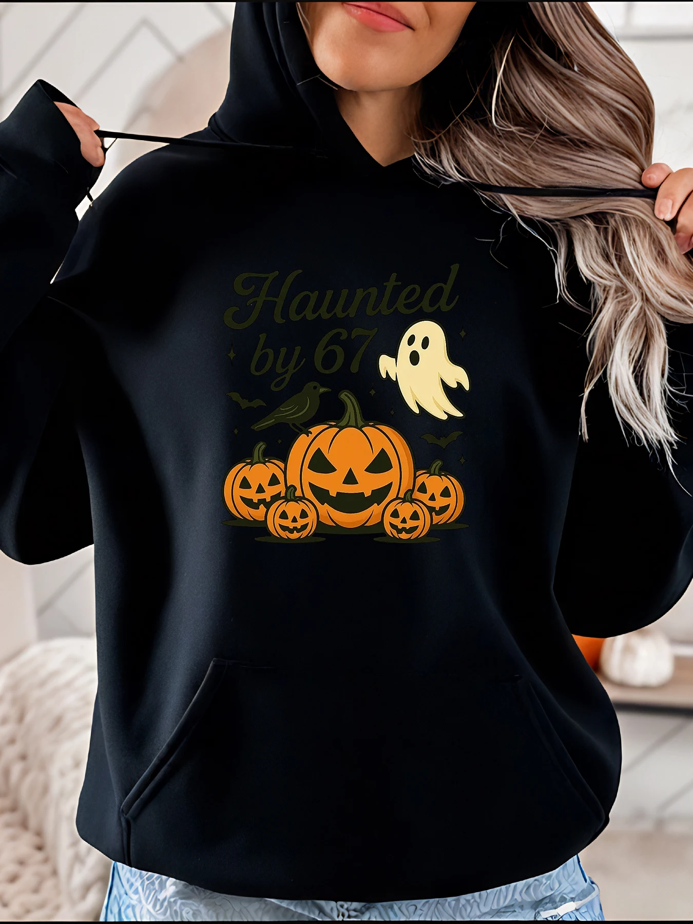 

Halloween Hoodie Haunted by 67 Pumpkin Ghost Print Women's Casual Autumn Sweatshirt for Halloween Party