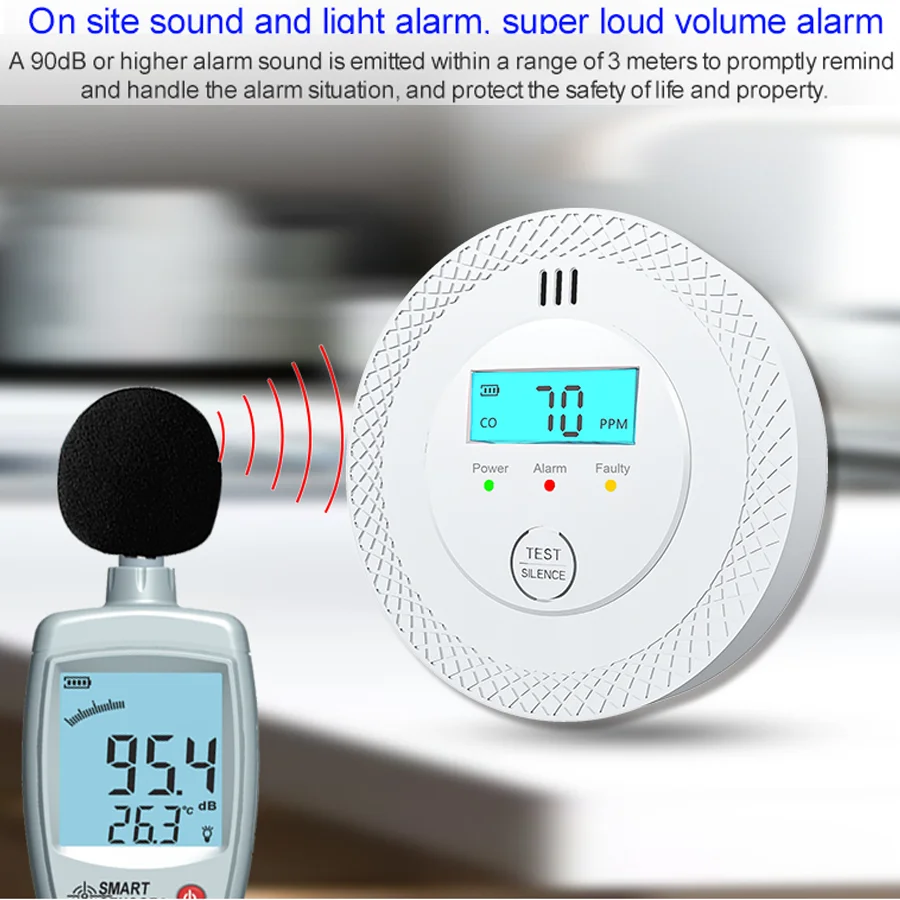 كاشفات أول أكسيد الكربون جهاز كشف إنذار ثاني أكسيد الكربون المستقل مع شاشة رقمية لمكتب المطبخ والمطعم والفنادق
