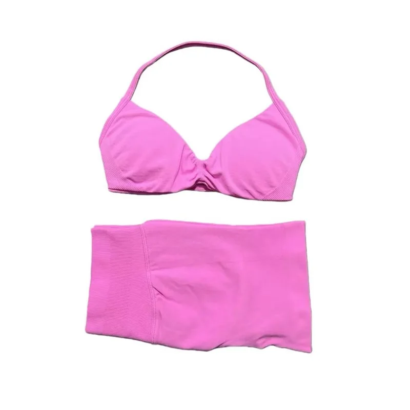 2-delige HISTELLO sportset Naadloze yogabeha met bandjes Hoge taille Scrunchshorts Ademende elastische gymtraining Fitnesskleding - afbeelding 2