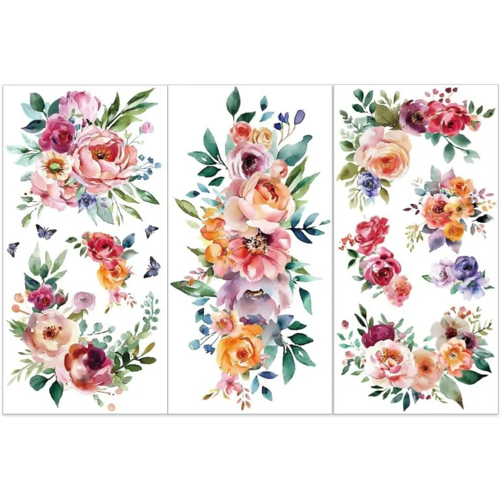 3 Stück/Set Aquarell-Blumen-Reiben auf Transfers für Möbel und Handwerk, 15,2 x 30,5 cm, Rosen-Dekor-Transferaufkleber, Blumenreiben