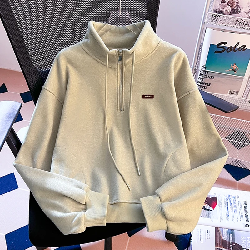 

Casual Stand Collar Half Zip Thick Hoodies Women Korean Simple Streetwear Sweatshirt Solid All Match New Pullover Autumn Winter