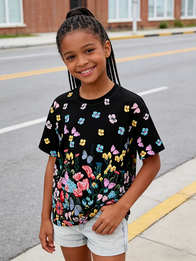 

2025 Girls Fashion Flower Bow Full Print Short Sleeve T-Shirt, Casual Top