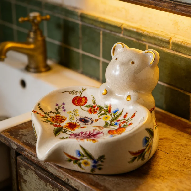 New ceramic bear-shaped soap dish with drainage for washbasin and bathroom, American-style light luxury soap holder