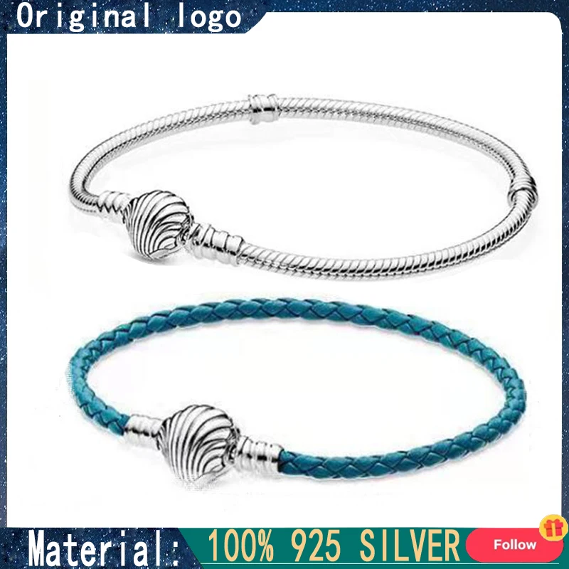 Pulsera de piel trenzada turquesa para mujer, brazalete de plata 925 con hebilla de cadena de concha, regalo de joyería encantador artesanal, novedad