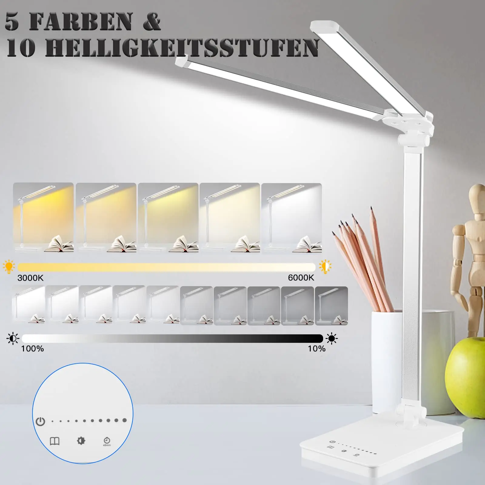 Lámpara de escritorio de oficina LED de doble brazo, lámpara de escritorio plegable ajustable, 5 modos de iluminación, con función de temporizador de 45 minutos