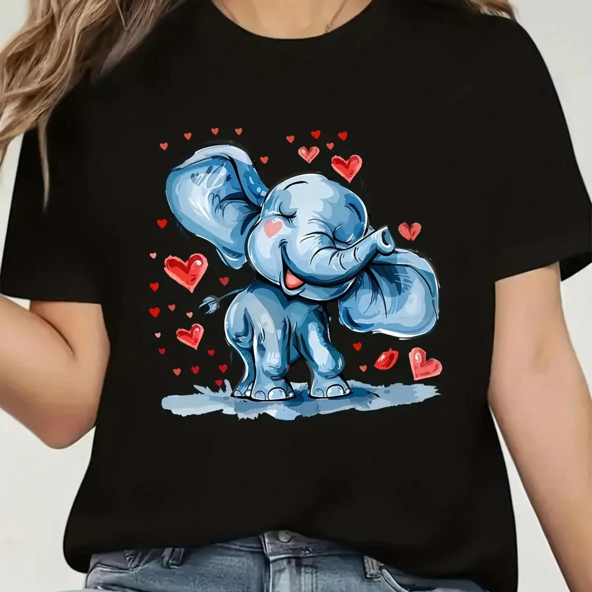 Plus Size Women's Blue Elephant & Red Hearts Print T-Shirt - Soft Slim Fit Short Sleeve Round Neck Blouse With Cute Smiling Elephant & Hearts Design, Casual Everyday Top For Spring Summer Fall, Easy Care Machine Washable (Black With Blue