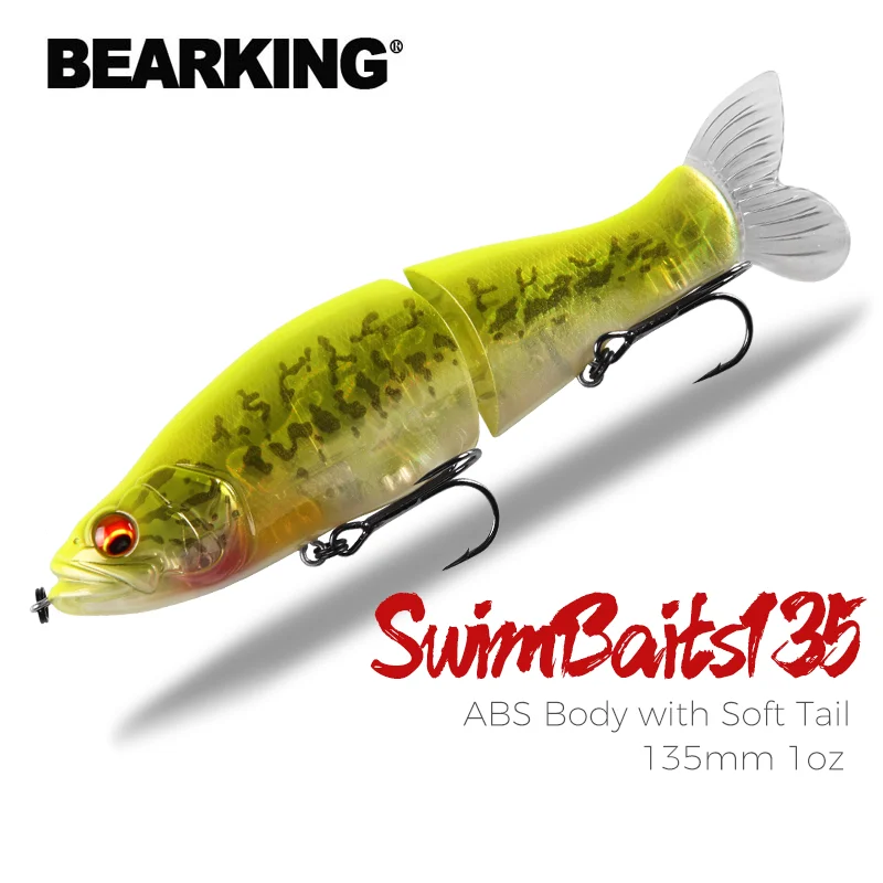 bearking brand fishing hooks BEARKING Top Fishing Lures 135mm 1oz Jointed minnow Wobblers ABS Body with  Soft Tail SwimBaits soft lure for pike and bass