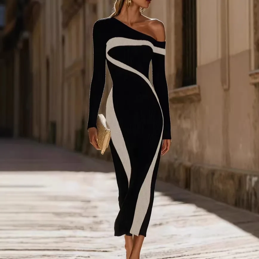 Sexy Gestricktes Figurbetontes Langes Kleid Damen 2026 Frühling Sommer Langarm Schulterfreies Bodycon Maxikleid Elegant