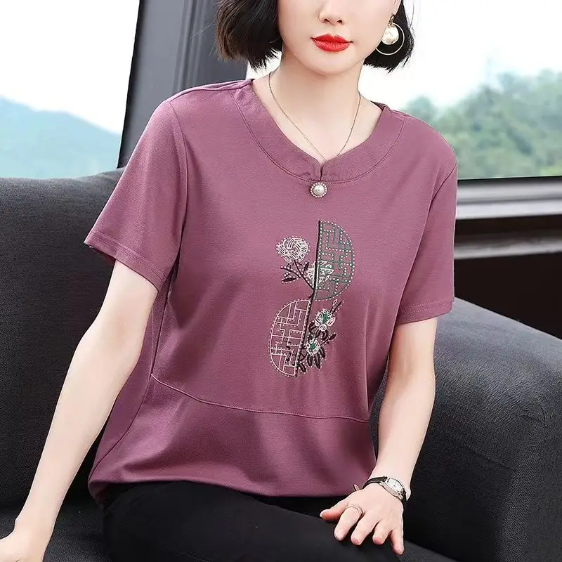 Women Summer Fashion Loose Temperament Embroidered Cotton O-neck Short Sleeve T-Shirt Ladies Casual Large Size Appear Thin Tops