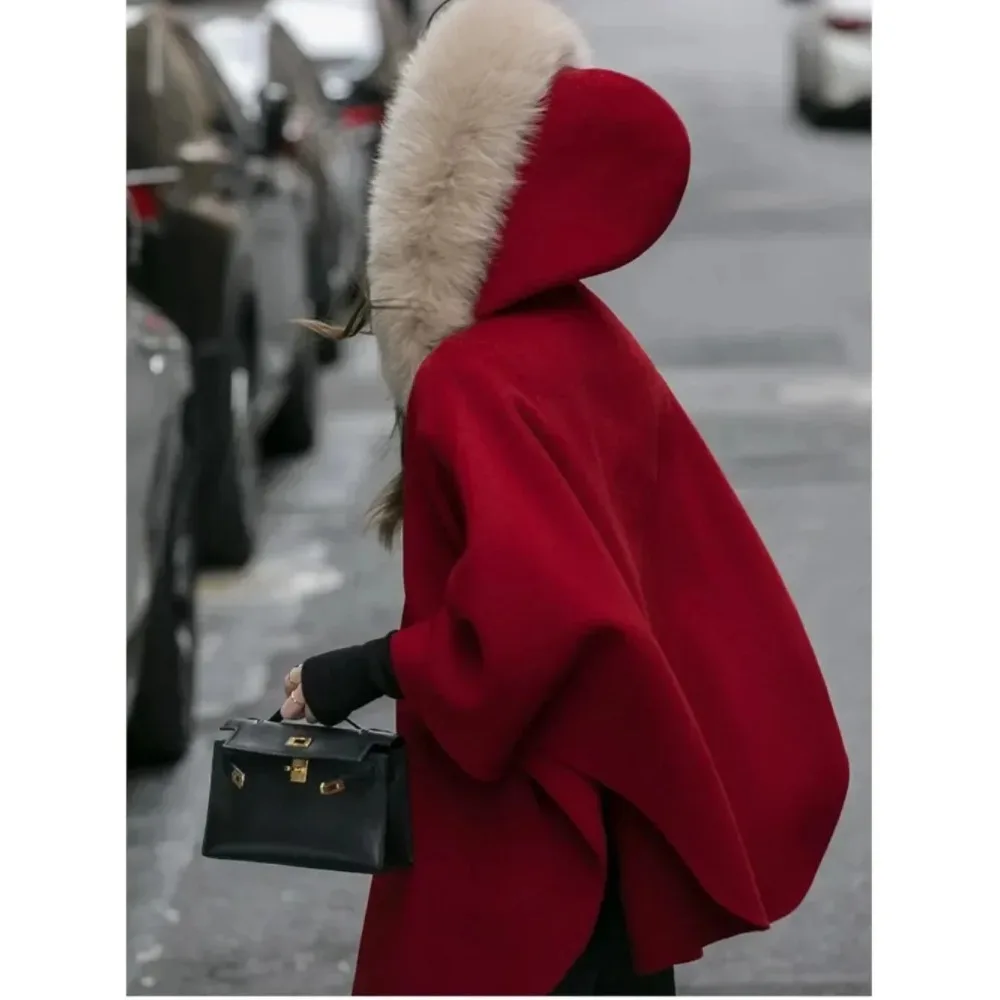 Real Fox Fur Collar Jacket Women's Overcoat Warm Detachable Fur Hooded Red Double-faced Wool Cloak Coat New Winter Clothing 2025