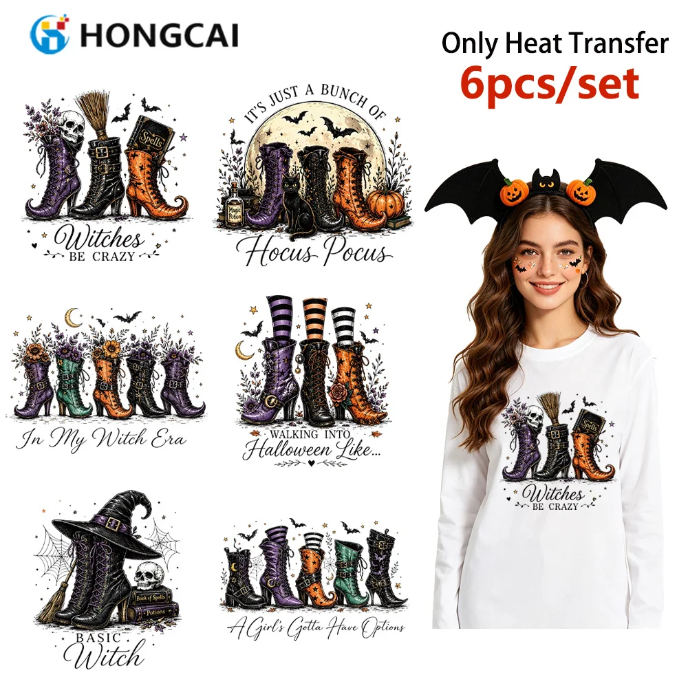 6Pcs Retro Witch Halloween HTV Iron-on Patches, Heat Press DIY, Wash Resistant & Anti-Crack, for T-shirts, Canvas Bags