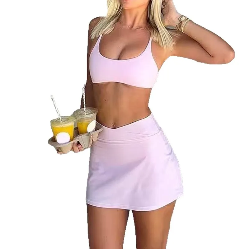 

New Spring Summer Fashion Sexy Sports Y2k Solid Color Top Yoga Camisole Vest Short Skirt Two Piece Set for Adult Women