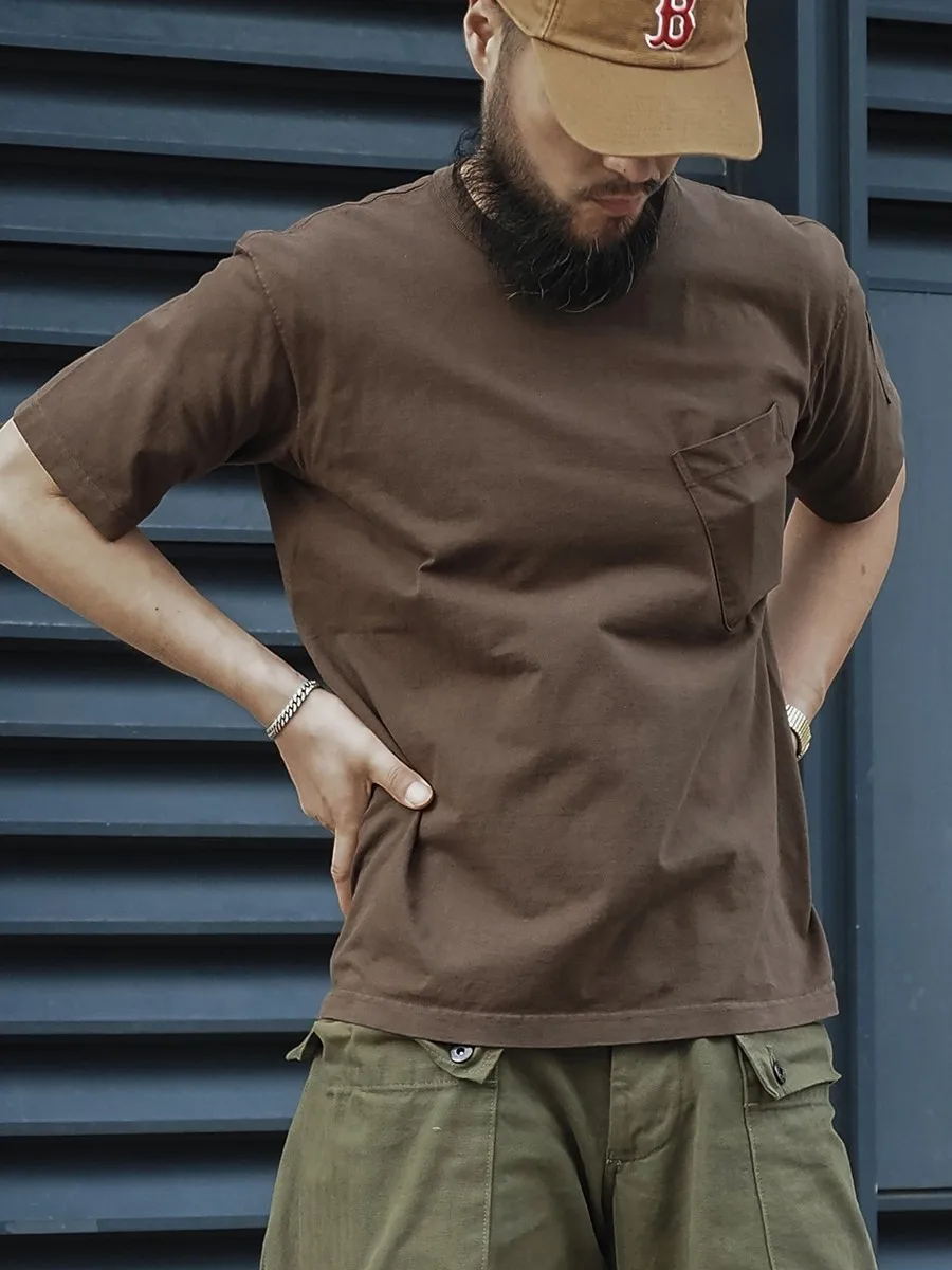 

Bronson винтажная цилиндрическая футболка с бесшовным воротником, однотонная футболка с карманами и короткими рукавами, свободная футболка